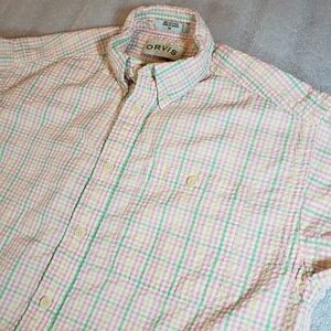 Orvis Men’s Medium Pastel Plaid Seersucker Short Sleeve Shirt Summer Beach Hike